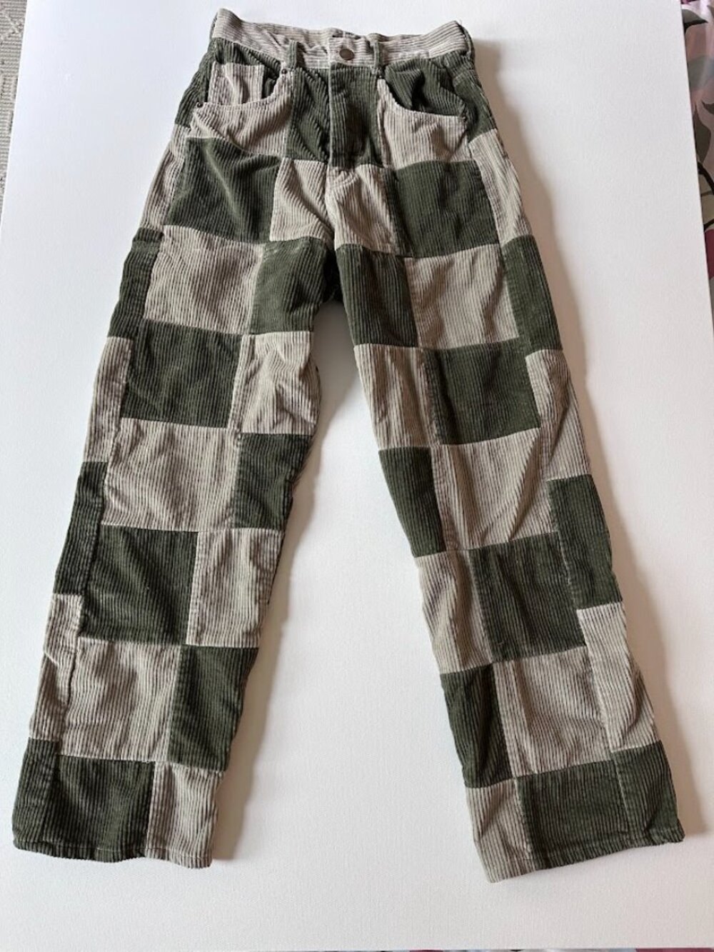 Patchwork Corduroy Pants Checkered Olive Stone High Rise Straight Leg Unisex 30